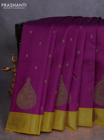 Pure kanchipuram silk saree purple and yellow with zari woven buttas and zari woven border