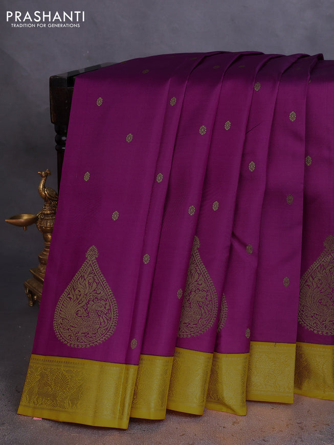 Pure kanchipuram silk saree purple and yellow with zari woven buttas and zari woven border