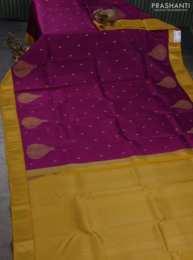 Pure kanchipuram silk saree purple and yellow with zari woven buttas and zari woven border