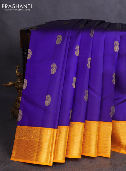 Pure kanchipuram silk saree blue and yellow with paisley zari woven buttas and rich zari woven border