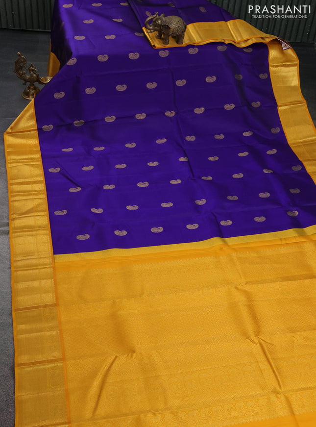 Pure kanchipuram silk saree blue and yellow with paisley zari woven buttas and rich zari woven border