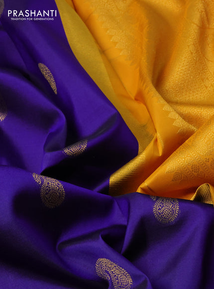 Pure kanchipuram silk saree blue and yellow with paisley zari woven buttas and rich zari woven border
