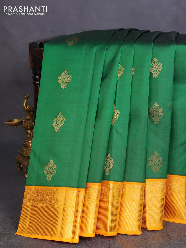 Pure kanchipuram silk saree green and mustard yellow with zari woven buttas and rich zari woven border