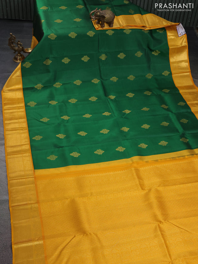 Pure kanchipuram silk saree green and mustard yellow with zari woven buttas and rich zari woven border