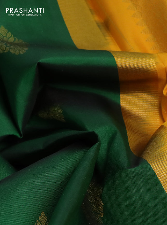 Pure kanchipuram silk saree green and mustard yellow with zari woven buttas and rich zari woven border