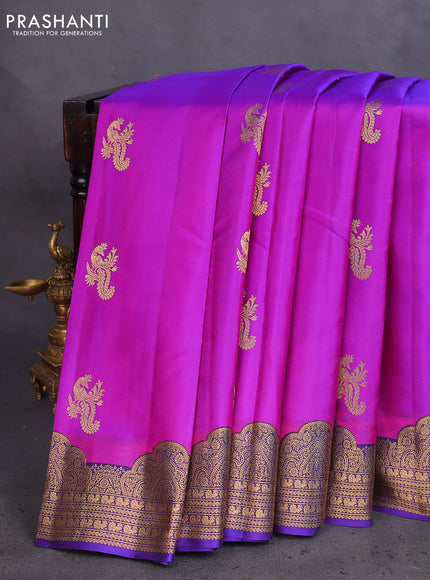 Pure kanchipuram silk saree purple and blue with peacock zari woven buttas and rich zari woven border