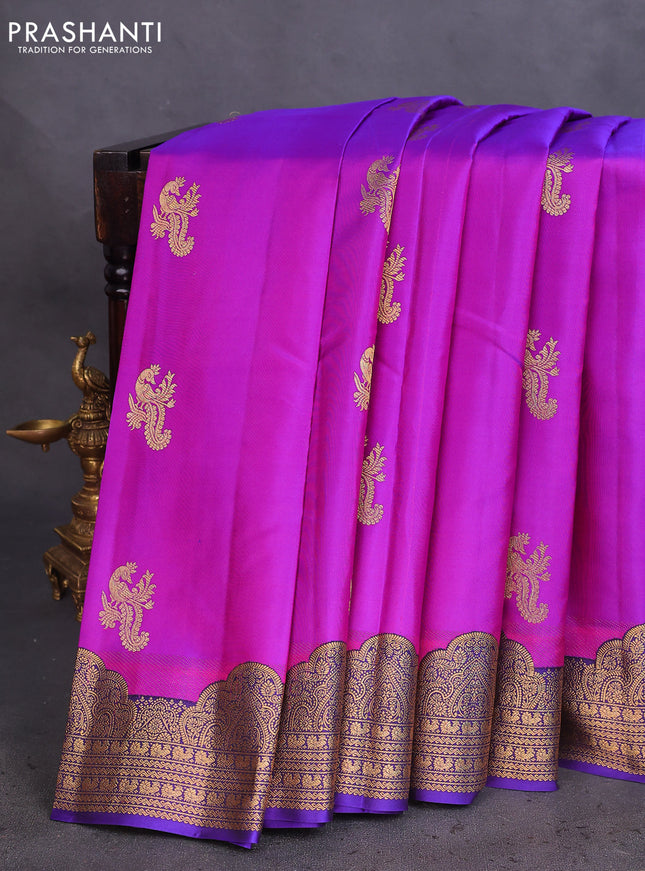 Pure kanchipuram silk saree purple and blue with peacock zari woven buttas and rich zari woven border