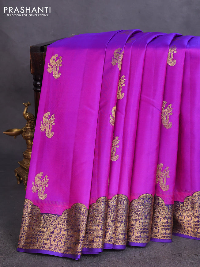Pure kanchipuram silk saree purple and blue with peacock zari woven buttas and rich zari woven border