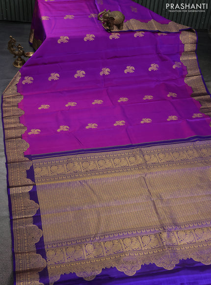 Pure kanchipuram silk saree purple and blue with peacock zari woven buttas and rich zari woven border