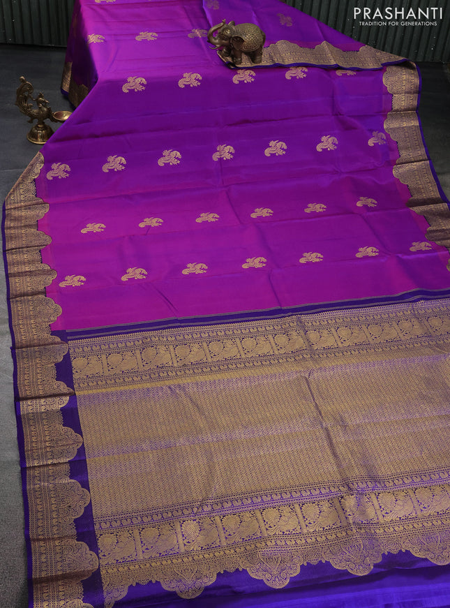 Pure kanchipuram silk saree purple and blue with peacock zari woven buttas and rich zari woven border