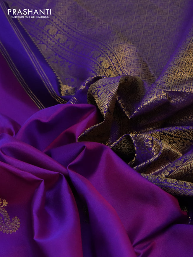 Pure kanchipuram silk saree purple and blue with peacock zari woven buttas and rich zari woven border