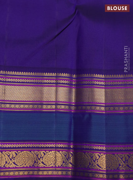 Pure kanchipuram silk saree cream and blue with allover checked pattern and rettapet zari woven border