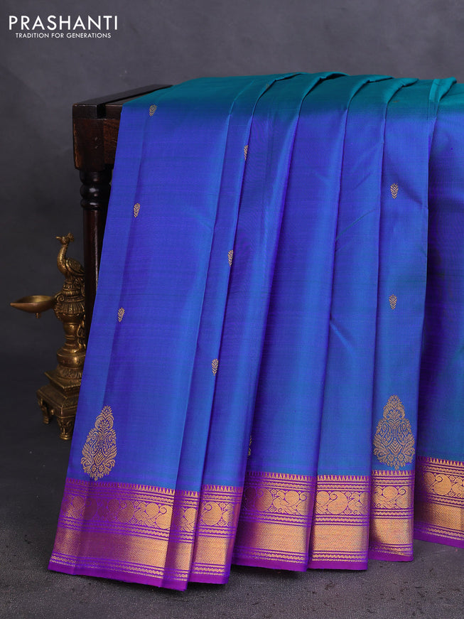 Pure kanchipuram silk saree dual shade bluish green and violet with zari woven buttas and zari woven border