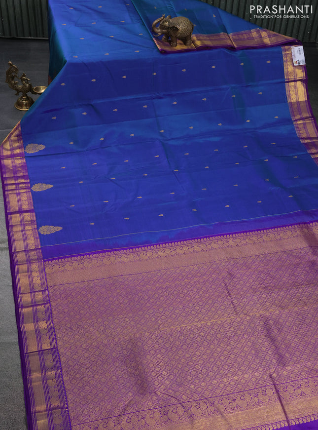 Pure kanchipuram silk saree dual shade bluish green and violet with zari woven buttas and zari woven border