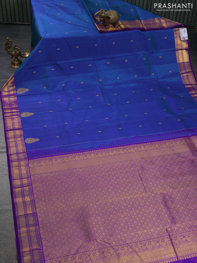 Pure kanchipuram silk saree dual shade bluish green and violet with zari woven buttas and zari woven border