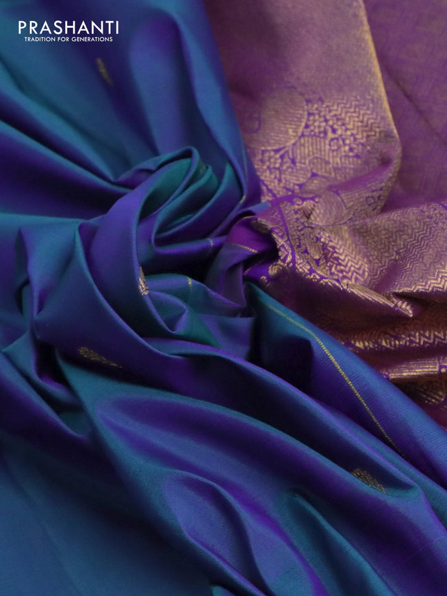 Pure kanchipuram silk saree dual shade bluish green and violet with zari woven buttas and zari woven border