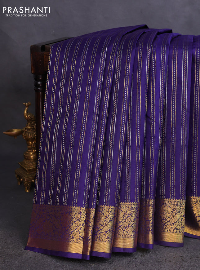 Pure kanchipuram silk saree navy blue and light green with allover silver & gold zari weaves and zari woven border