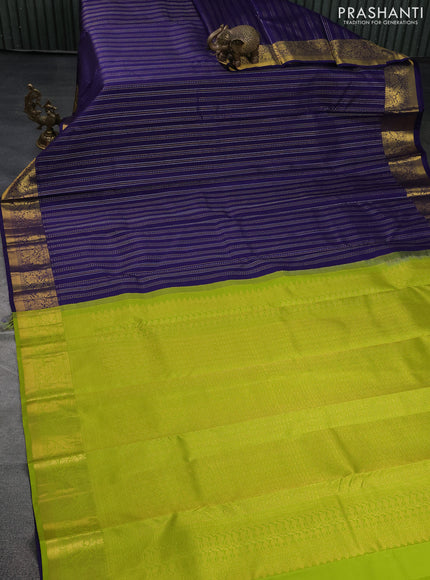 Pure kanchipuram silk saree navy blue and light green with allover silver & gold zari weaves and zari woven border