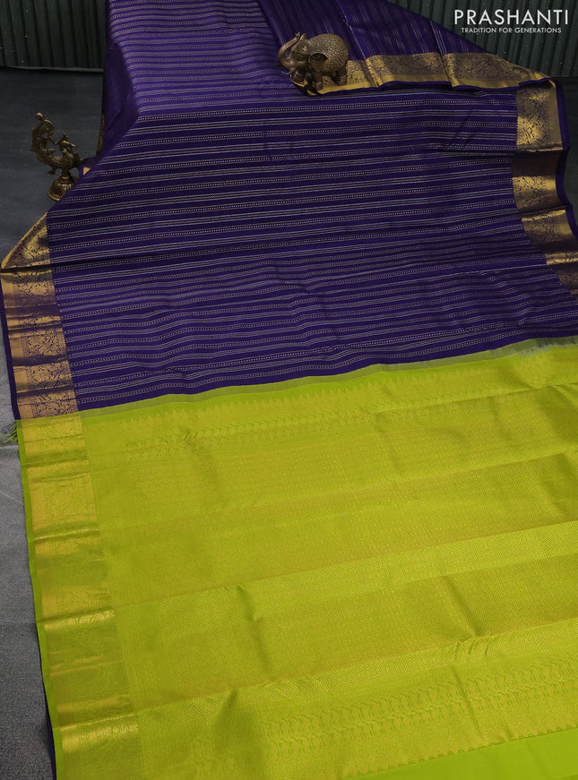 Pure kanchipuram silk saree navy blue and light green with allover silver & gold zari weaves and zari woven border