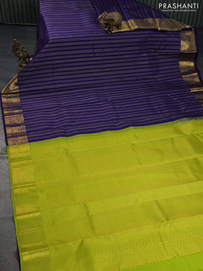 Pure kanchipuram silk saree navy blue and light green with allover silver & gold zari weaves and zari woven border