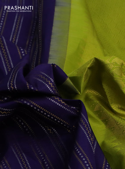 Pure kanchipuram silk saree navy blue and light green with allover silver & gold zari weaves and zari woven border