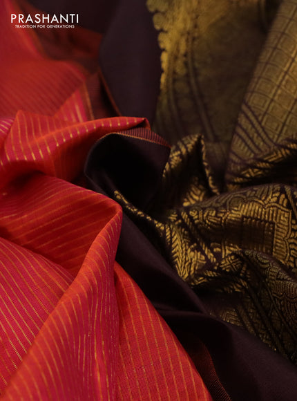 Pure kanchipuram silk saree dual shade of pinkish orange and coffee brown with allover zari stripe & buttas and zari woven korvai border