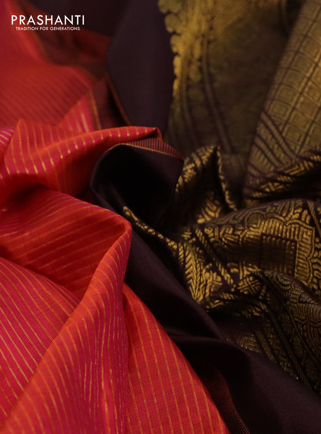 Pure kanchipuram silk saree dual shade of pinkish orange and coffee brown with allover zari stripe & buttas and zari woven korvai border