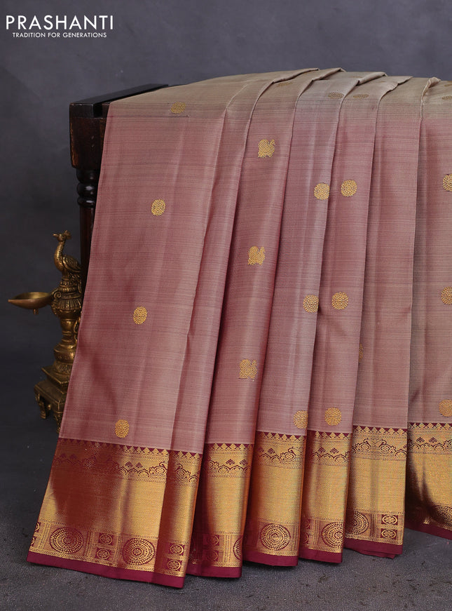 Pure kanchipuram silk saree chikku shade and wine shade with annam & rudhraksha zari woven buttas and rich zari woven border