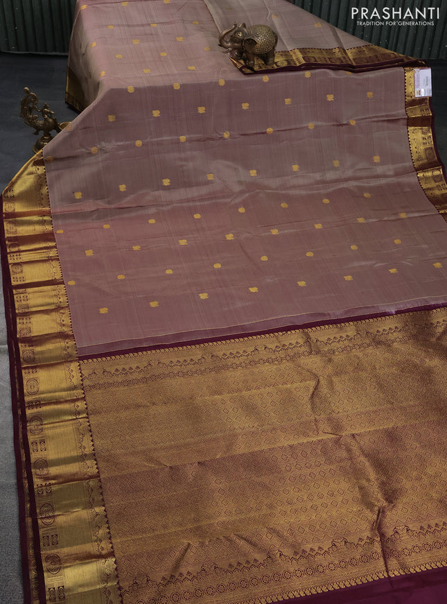 Pure kanchipuram silk saree chikku shade and wine shade with annam & rudhraksha zari woven buttas and rich zari woven border