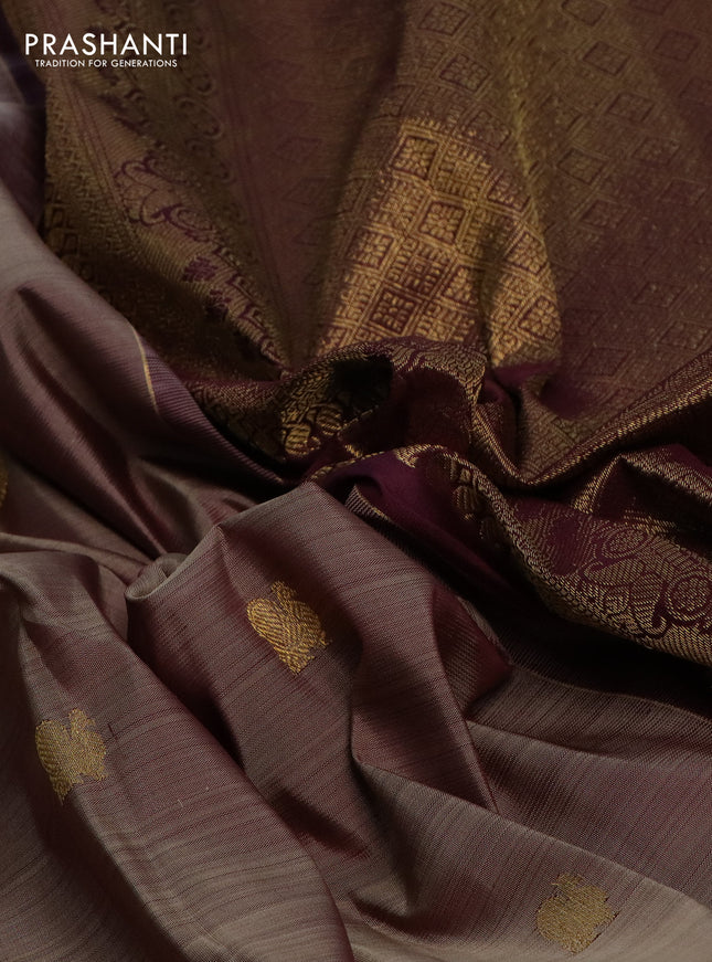 Pure kanchipuram silk saree chikku shade and wine shade with annam & rudhraksha zari woven buttas and rich zari woven border