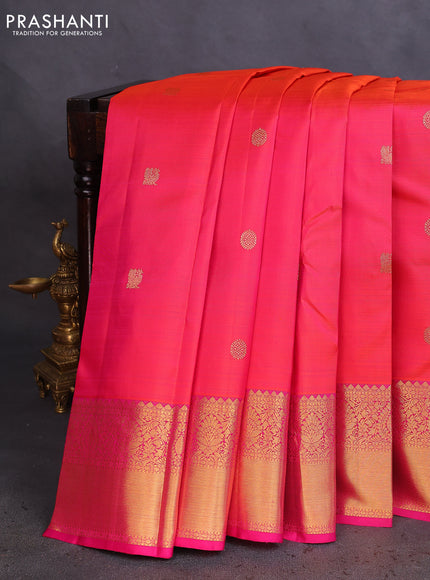 Pure kanchipuram silk saree dual shade of pinkish orange and pink with zari woven buttas and rich zari woven border