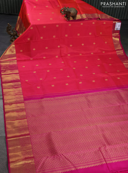 Pure kanchipuram silk saree dual shade of pinkish orange and pink with zari woven buttas and rich zari woven border
