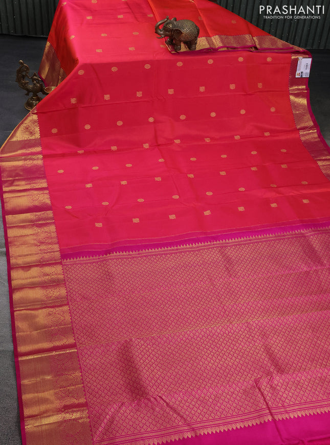 Pure kanchipuram silk saree dual shade of pinkish orange and pink with zari woven buttas and rich zari woven border