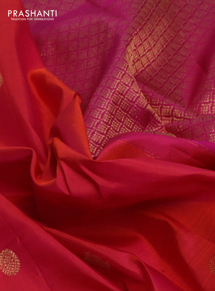 Pure kanchipuram silk saree dual shade of pinkish orange and pink with zari woven buttas and rich zari woven border