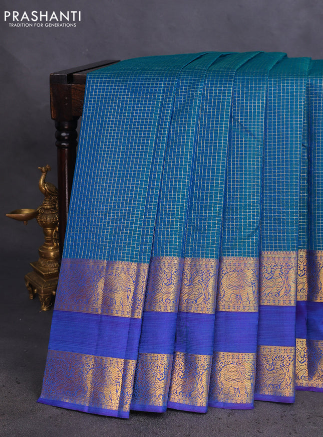 Pure kanchipuram silk saree teal blue and blue with allover small zari checked pattern and long rettapet zari woven border