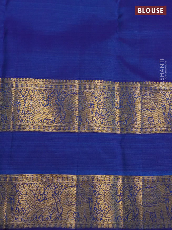 Pure kanchipuram silk saree teal blue and blue with allover small zari checked pattern and long rettapet zari woven border