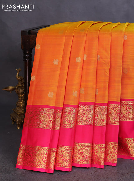 Pure kanchipuram silk saree dual shade of yellow and pink with zari woven annam buttas and long rettapet zari woven border