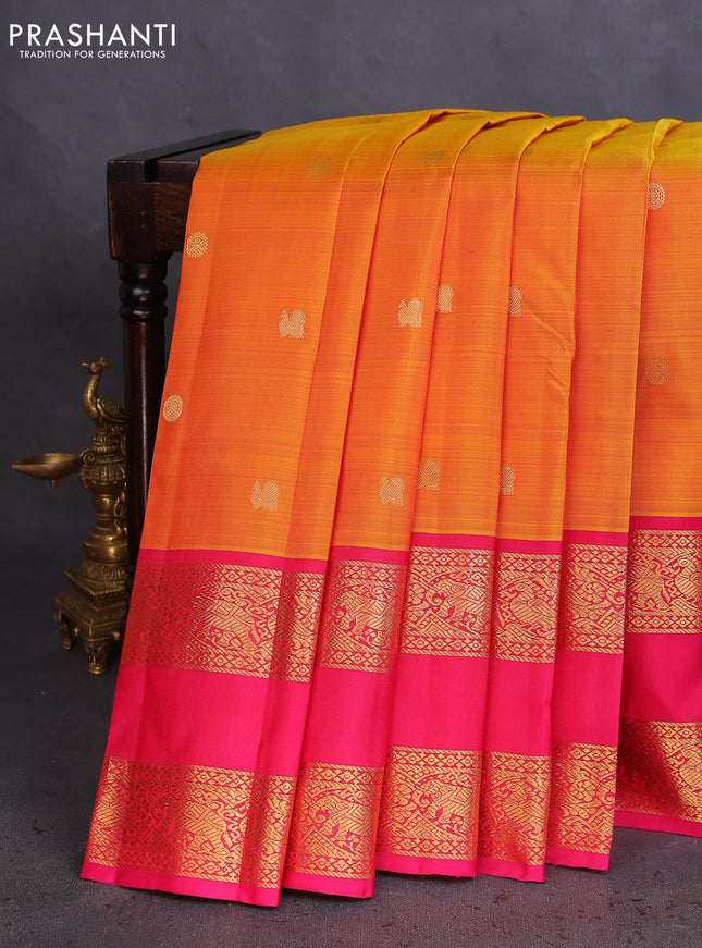 Pure kanchipuram silk saree dual shade of yellow and pink with zari woven annam buttas and long rettapet zari woven border