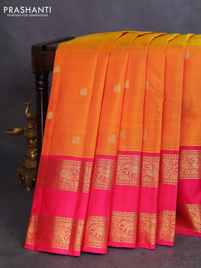 Pure kanchipuram silk saree dual shade of yellow and pink with zari woven annam buttas and long rettapet zari woven border