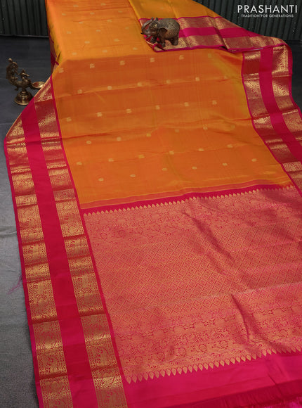 Pure kanchipuram silk saree dual shade of yellow and pink with zari woven annam buttas and long rettapet zari woven border