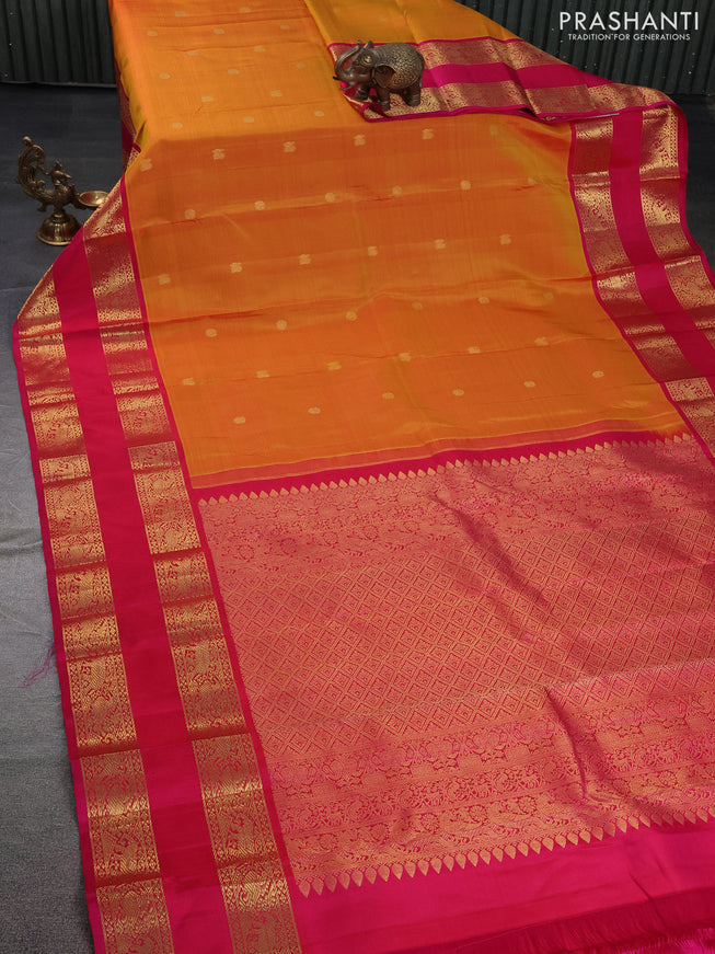 Pure kanchipuram silk saree dual shade of yellow and pink with zari woven annam buttas and long rettapet zari woven border
