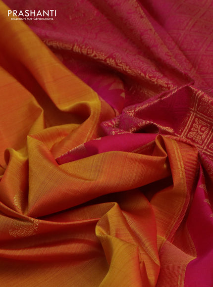 Pure kanchipuram silk saree dual shade of yellow and pink with zari woven annam buttas and long rettapet zari woven border