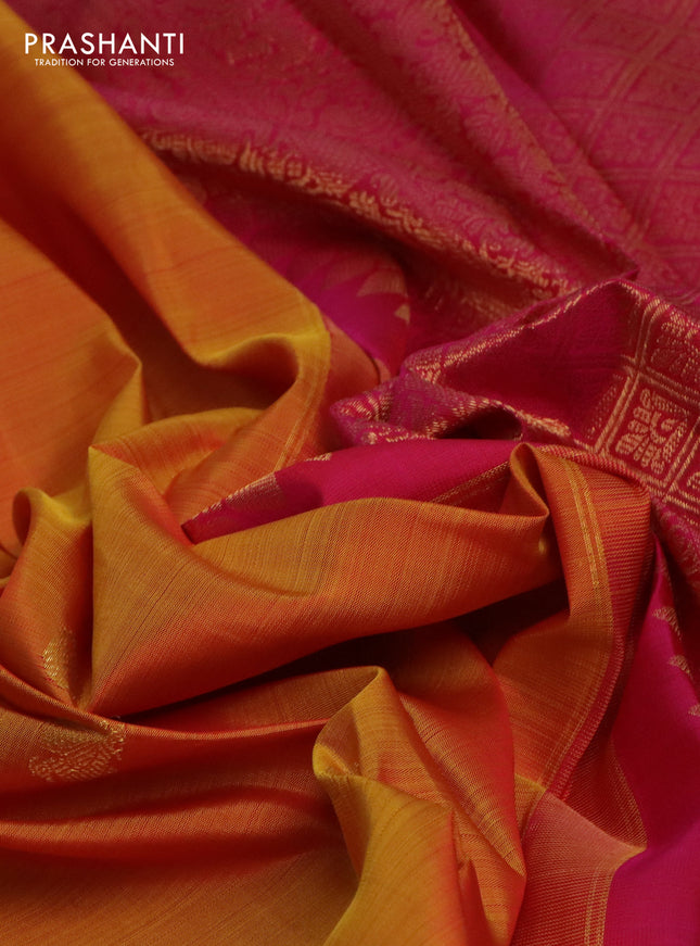 Pure kanchipuram silk saree dual shade of yellow and pink with zari woven annam buttas and long rettapet zari woven border