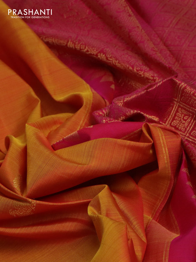 Pure kanchipuram silk saree dual shade of yellow and pink with zari woven annam buttas and long rettapet zari woven border