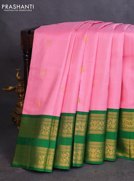 Pure kanchipuram silk saree light pink and green with allover zari weaves & buttas and rettapet zari woven korvai border