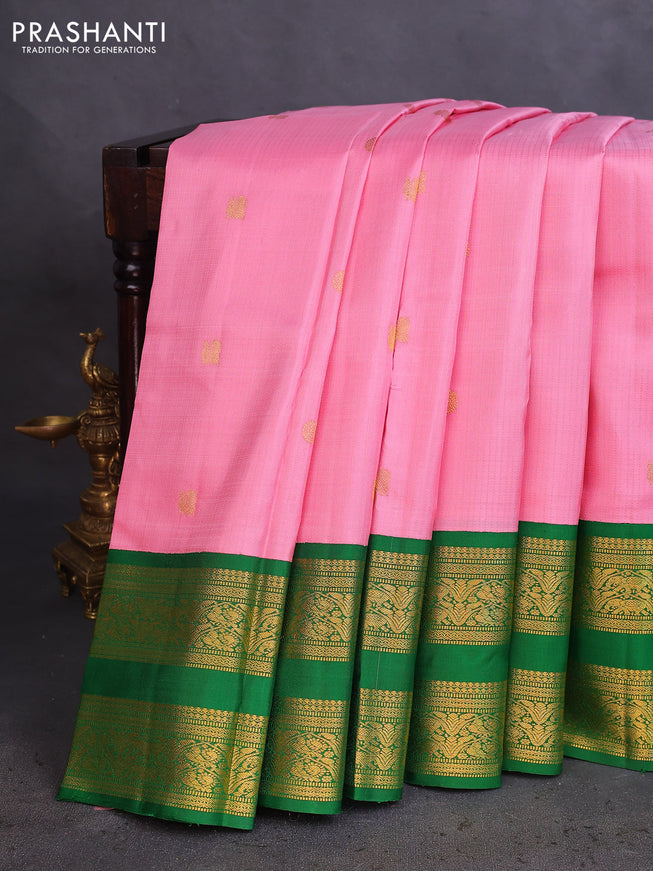Pure kanchipuram silk saree light pink and green with allover zari weaves & buttas and rettapet zari woven korvai border