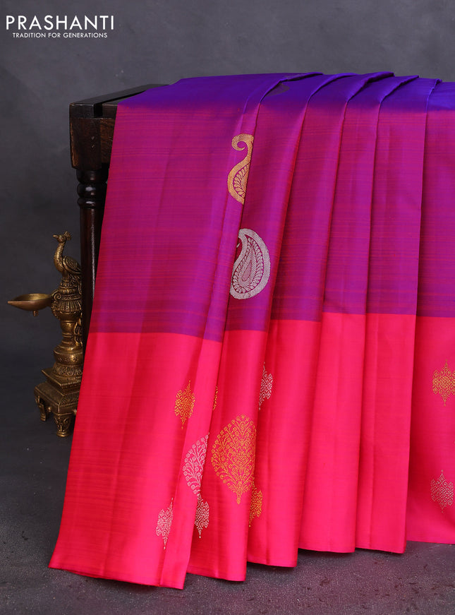 Pure kanchipuram silk saree purple and pink with silver & gold zari woven paisley buttas and zari woven butta border