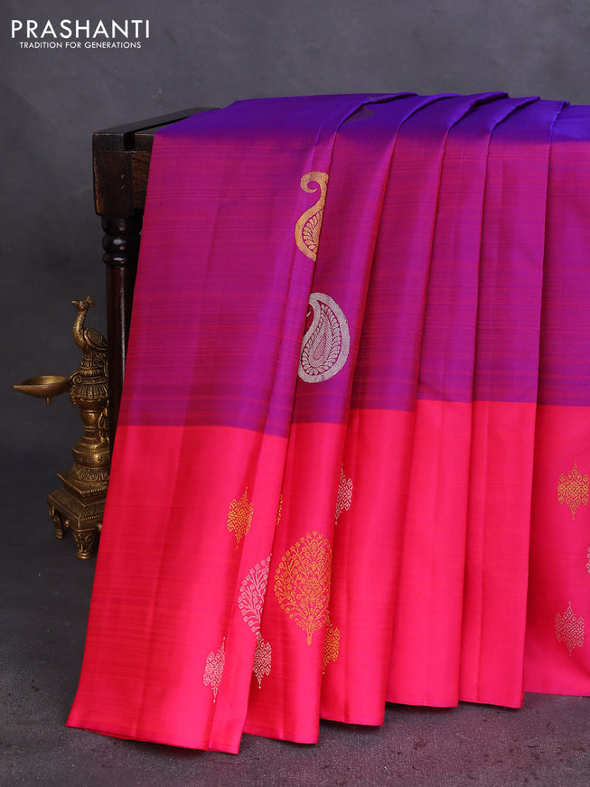 Pure kanchipuram silk saree purple and pink with silver & gold zari woven paisley buttas and zari woven butta border