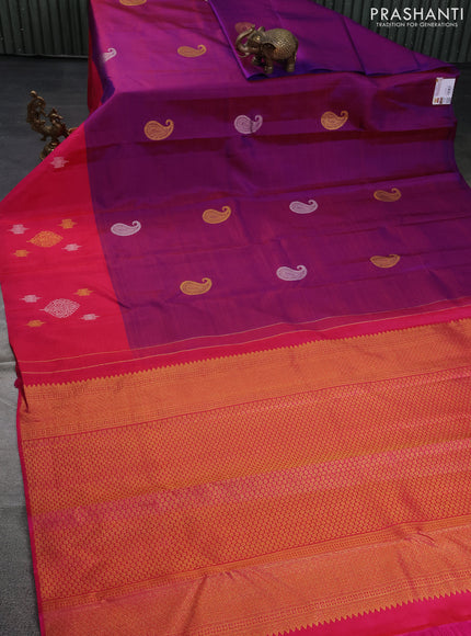 Pure kanchipuram silk saree purple and pink with silver & gold zari woven paisley buttas and zari woven butta border