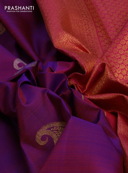 Pure kanchipuram silk saree purple and pink with silver & gold zari woven paisley buttas and zari woven butta border
